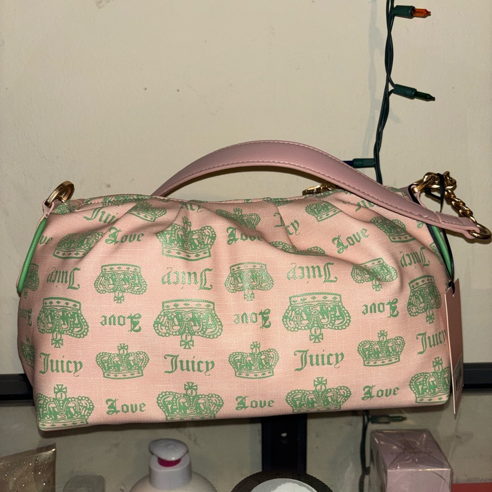 Juicy Couture Pink Shoulder Bag with Mint Crown Print - Picture 2 of 12